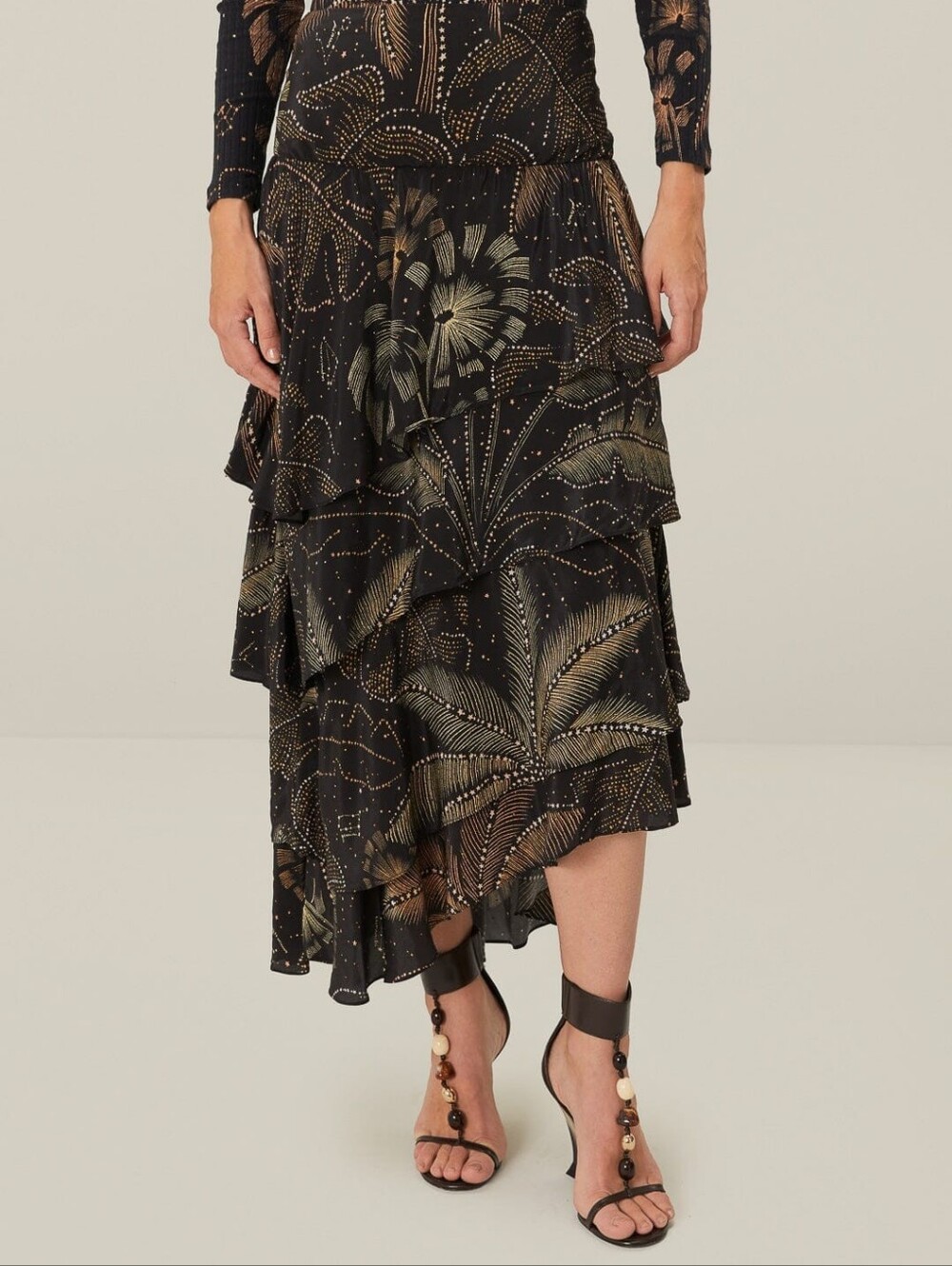 Farm Rio black golden foliage ruffled skirt Asymmetric Palm tree Leaf Leaves XS